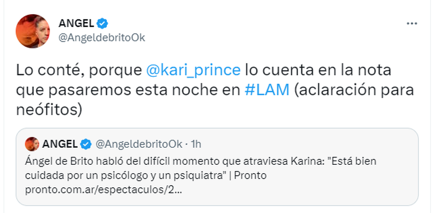 Ángel de Brito habló del difícil momento que atraviesa Karina la Princesita