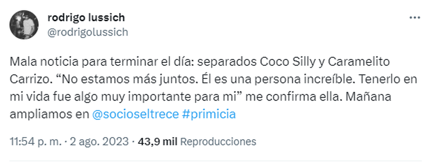 A un mes de comenzar su romance, la actriz y animadora infantil Caramelito Carrizo confirmó su separación con Coco Sily.