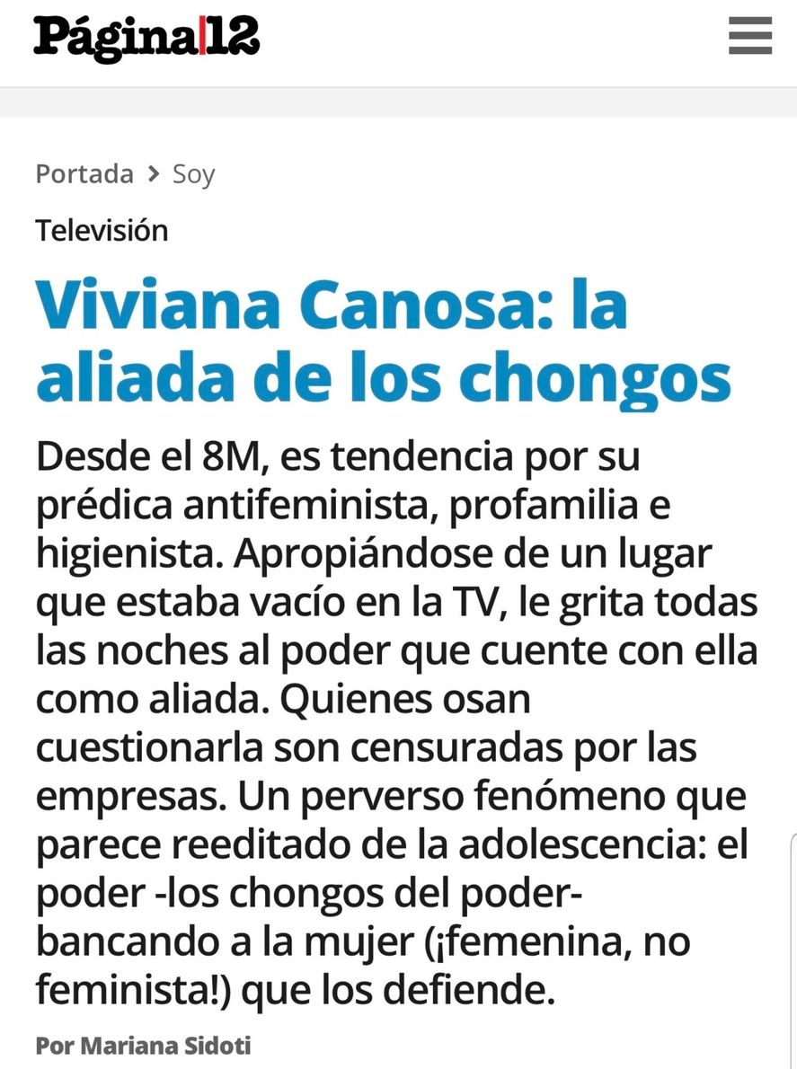 El artículo que ya no se encuentra en el portal de Página 12 acerca de Viviana Canosa. Los medios la protegen a ella por sobre sus redactoras feministas