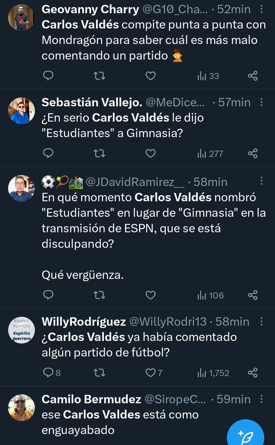 Los comentarios y críticas en redes sociales por la participación de Carlos Valdés un ex futbolista colombiano que llamó tres veces Estudiantes a Gimnasia en la transmisión de ESPN 