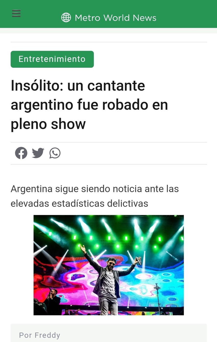 Los sitios internacionales destacaron como noticia insólita al robo piraña que sufrió el cantante cordobés Ulises Bueno durante un show en José C. Paz 