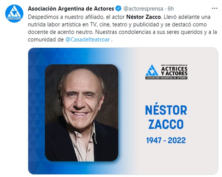Murió el actor Néstor Zacco