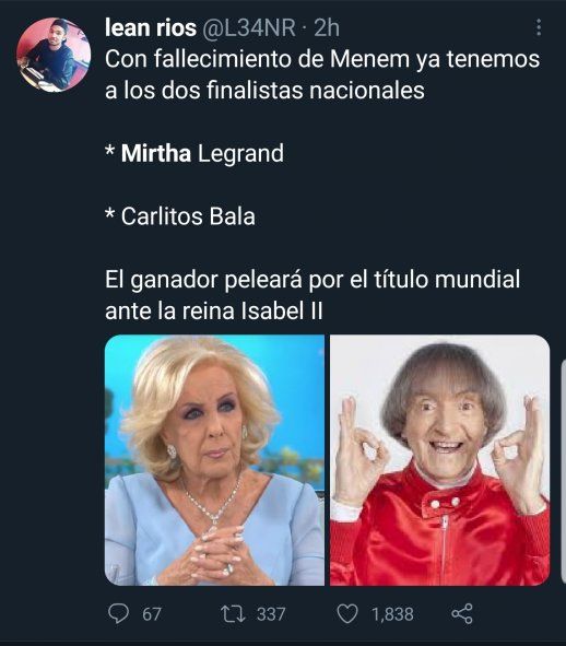 Con la muerte de Carlos Menem, la "batalla por la longevidad argentina" en Twitter está entre Mirtha Legrand y Carlitos Balá