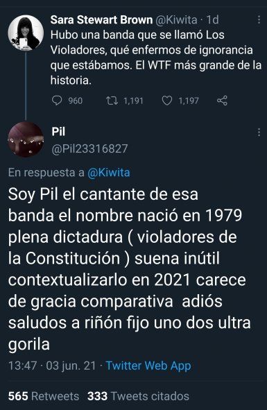 El Tweet original de Sara Stewart Brown, la ex de, Jorge Lanata y la respuesta de Pil de Los Violadores 