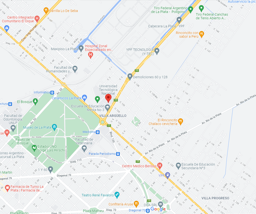 La Facultad Regional de La Plata de la UTN se encuentra ubicada en Av. del Petróleo Argentino 417, de Berisso.