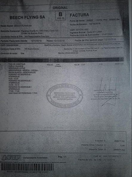 Una de las facturas que prueban que Beech Flying S.A. era contratada por el Gobierno Bonaerense de María Eugenia Vidal como "taxi aéreo".
