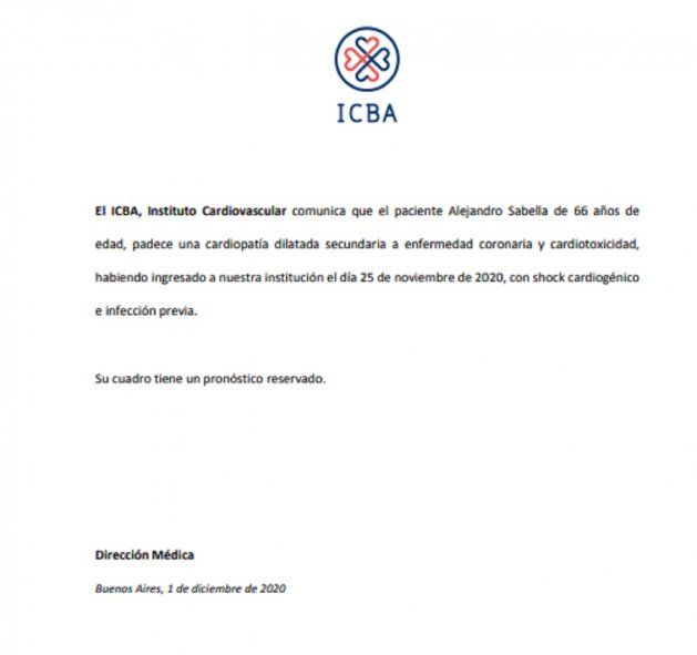 Parte médico de Alejandro Sabella, 1 de diciembre