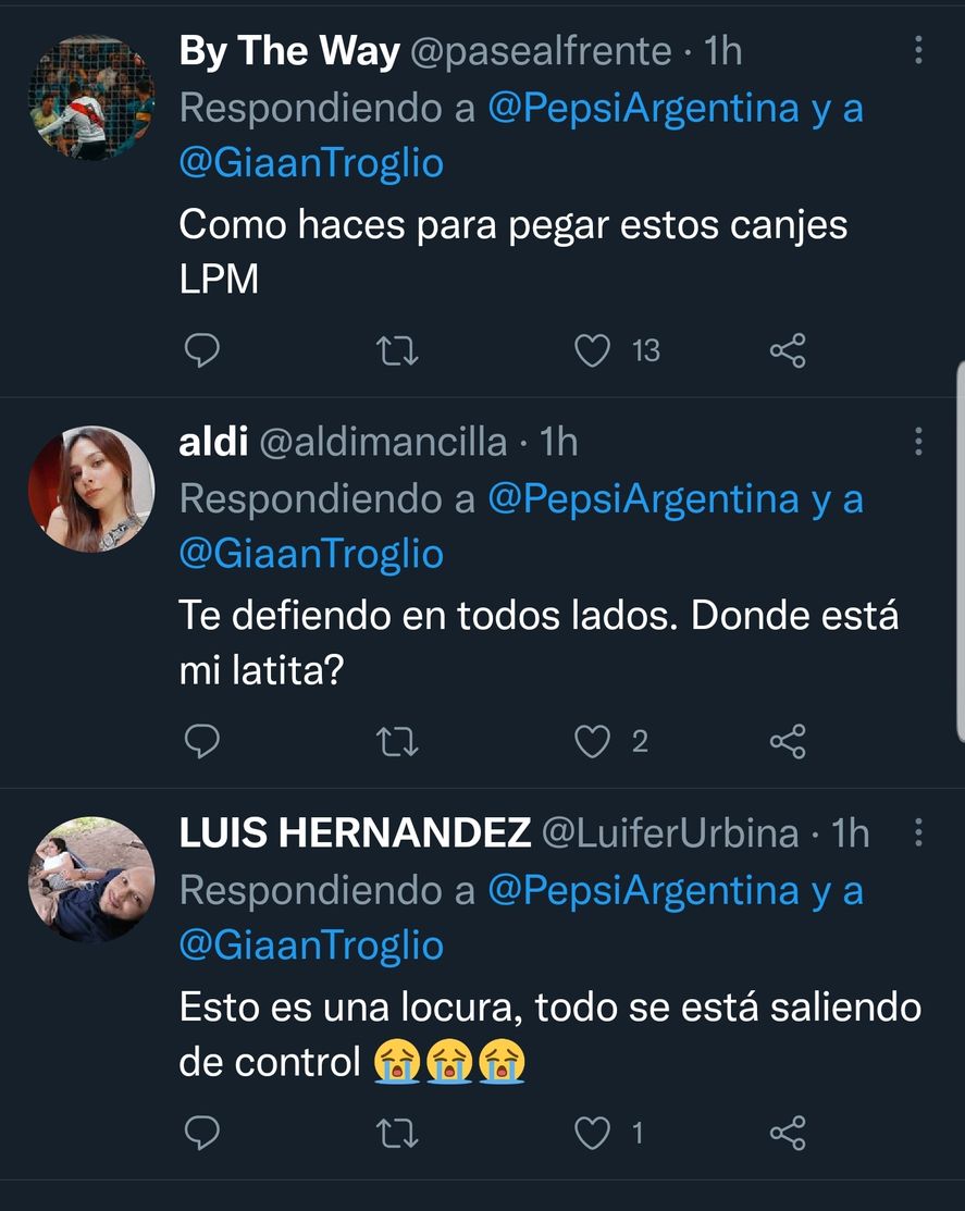 Algunas de las respuestas de los seguidores de Gianluca Troglio que le envidiaban el modo de haber conseguido ese canje con la famosa marca de gaseosas