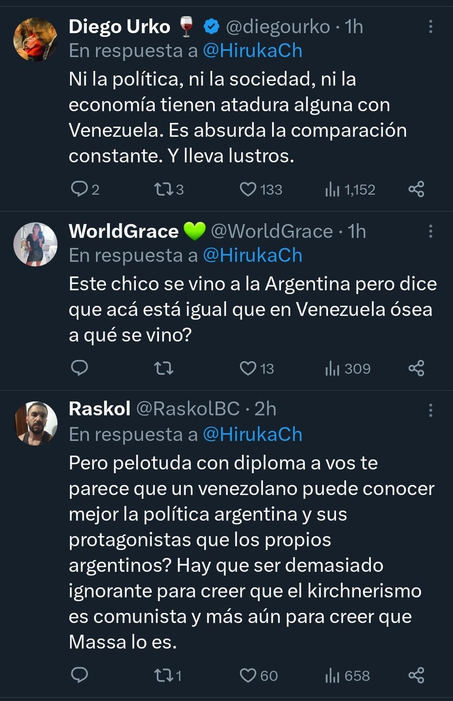 Algunos de los comentarios en redes sobre la opinión del joven venezolano que advierte a los argentinos para que no voten a Sergio Massa y lo hagan por Javier Milei 