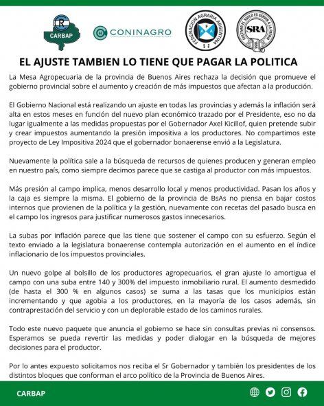 El comunicado con el que CARBAP rechazó el proyecto de Ley Impositiva 2024.