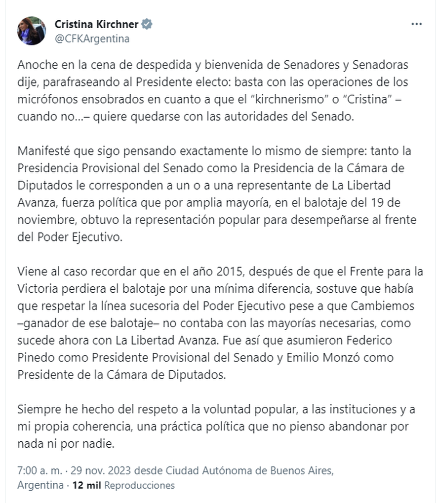Cristina Fernández de Kirchner consideró que las autoridades del Congreso deben ser de La Libertad Avanza.