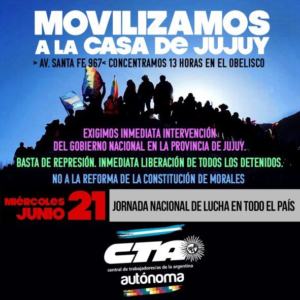 Las dos CTA, sectores de la CGT y CTERA convocaron a movilizar a la Casa de Jujuy.