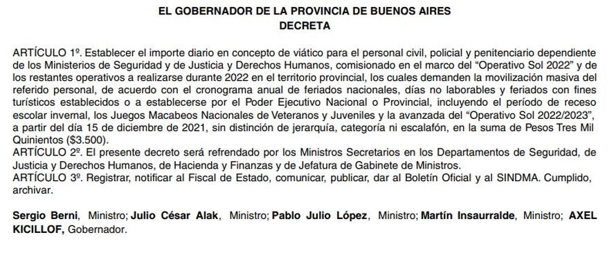 Operativo Sol: el decreto que fija los viáticos diarios
