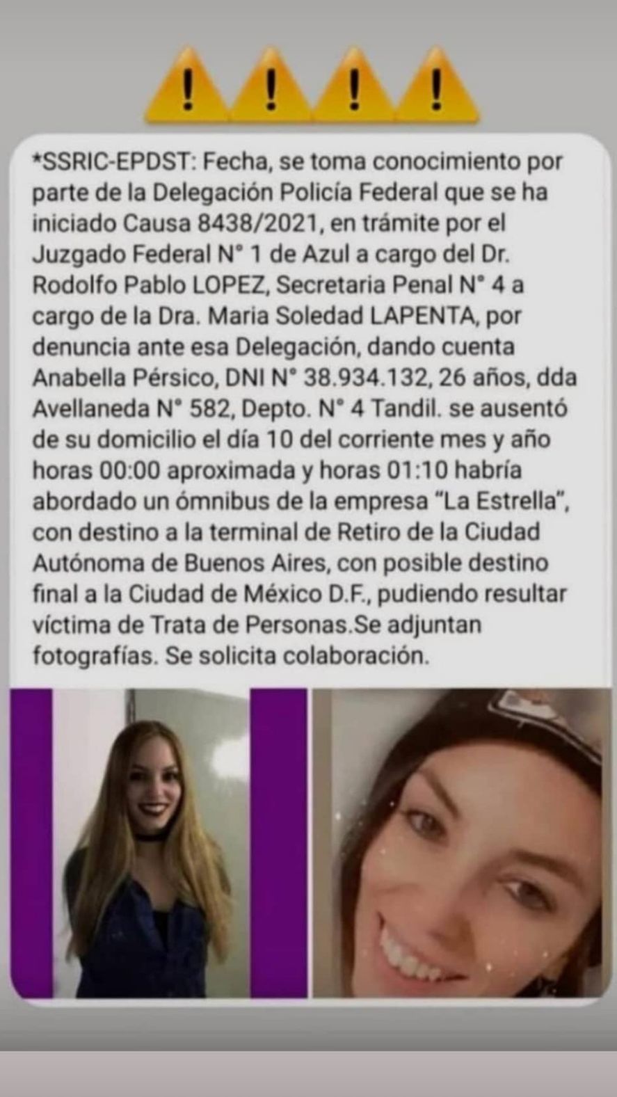 La búsqueda de Anabella, desaparecida en Tandil, se compartió en redes sociales