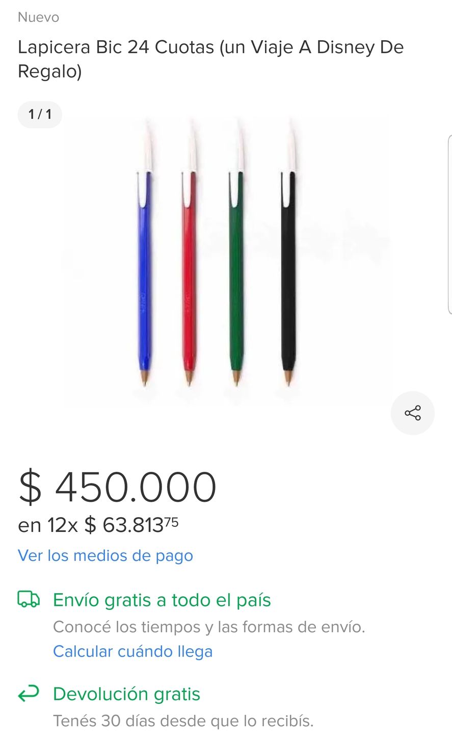 El aviso de MercadoLibre que ofrece lapiceras de las más comunes a casi medio millón de pesos, y coloca 