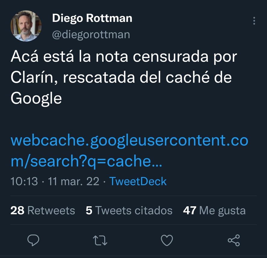 En redes también se difunde el caché de la nota de Mariana Iglesias en Clarín que apuntaba a los insultos dd Viviana Canosa. Un pequeño guiño a favor de la libertad de expresión. 