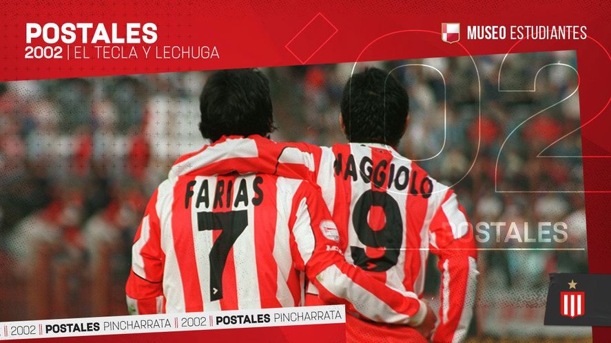 Farías y Maggiolo festejan uno de sus goles en Estudiantes (Foto: Museo Estudiantes).