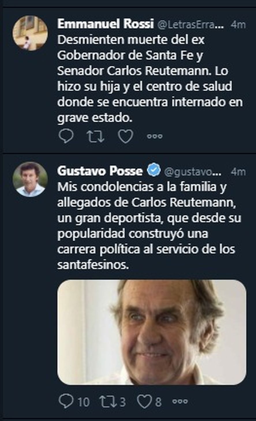 Gustavo Posse, intendente de San Isidro, fue uno de los políticos que creyó la fake news de TN y La Nación, y envió públicamente sus condolencias haciéndose eco de la supuesta muerte de Carlos Reutemann 