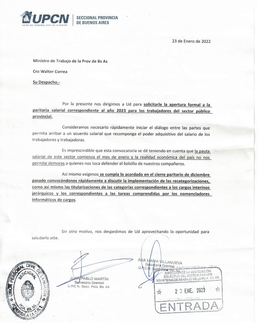 La carta de UPCN reclamando apertura de paritarias