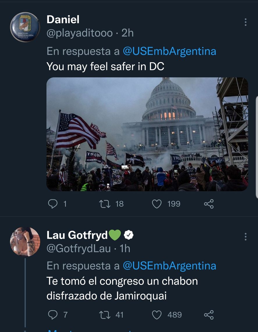 La advertencia de la Embajada de EEUU en Argentina a sus ciudadanos por la manifestación popular de hoy provocó burlas y memes en redes, recordándole la toma del Capitolio del 6 de enero de este año 