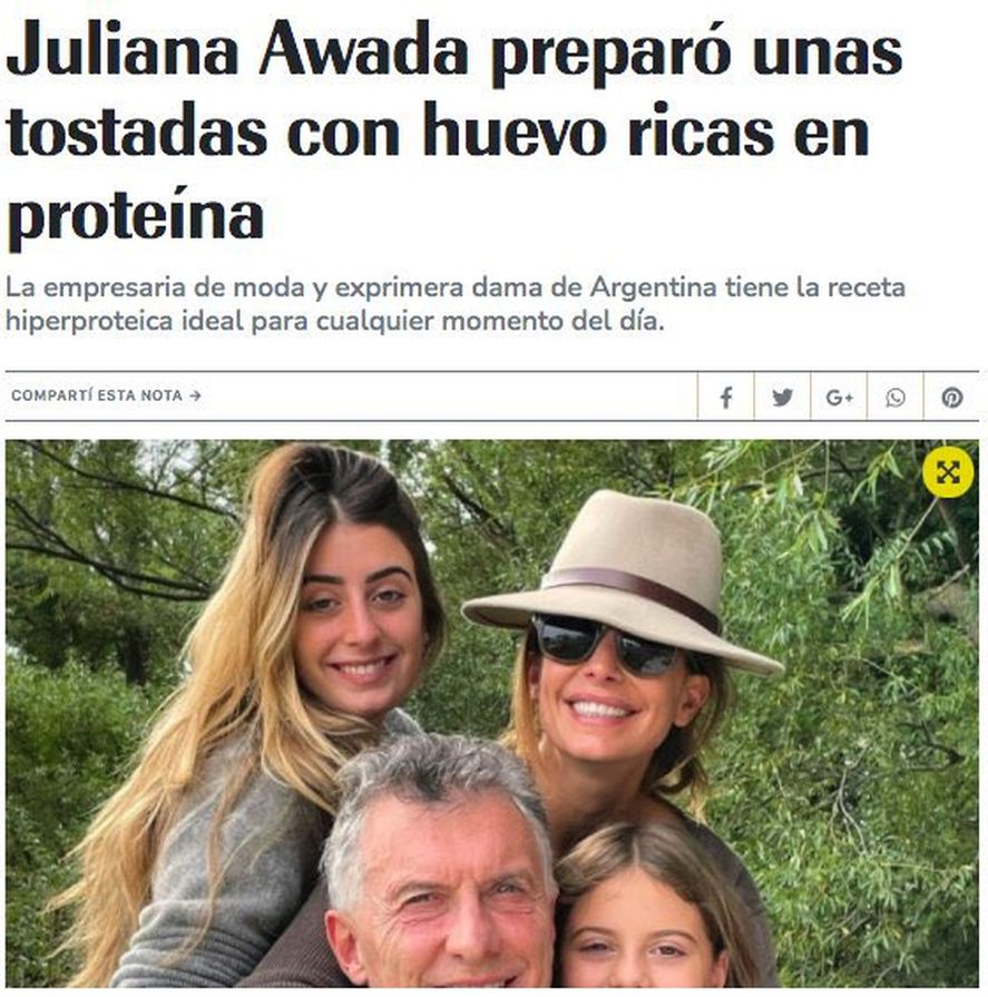 Las coloridas notas que varios medios realizan habitualmente sobre Juliana Awada, la ex primera dama de Mauricio Macri. Esta vez comparten tostadas con huevo, palta y espinaca y jugos detox