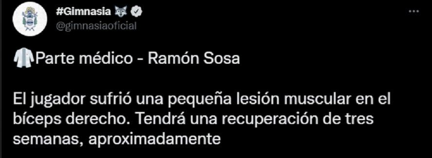 Parte médico de Ramón Sosa y su lesión en Gimnasia
