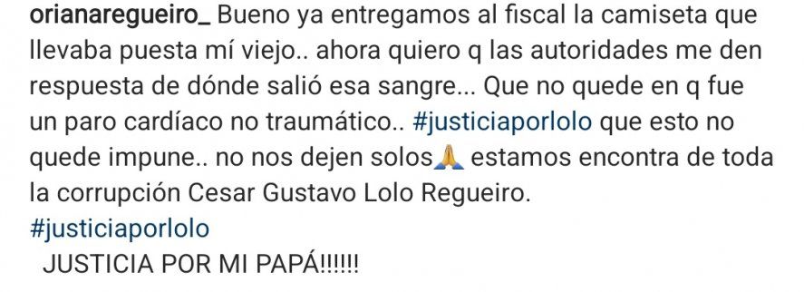 Publicación de Oriana Regueiro al entregar la camiseta de Gimnasia que llevaba Lolo el día de su muerte