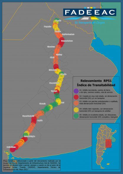 El mapa de transitabilidad de la Ruta 51 según la Federación Argentina de Entidades Empresarias del Autotransporte de Cargas.