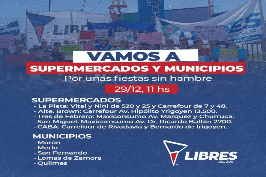 La protesta de Libres del Sur en supermercados es para pedir asistencia alimentaria.