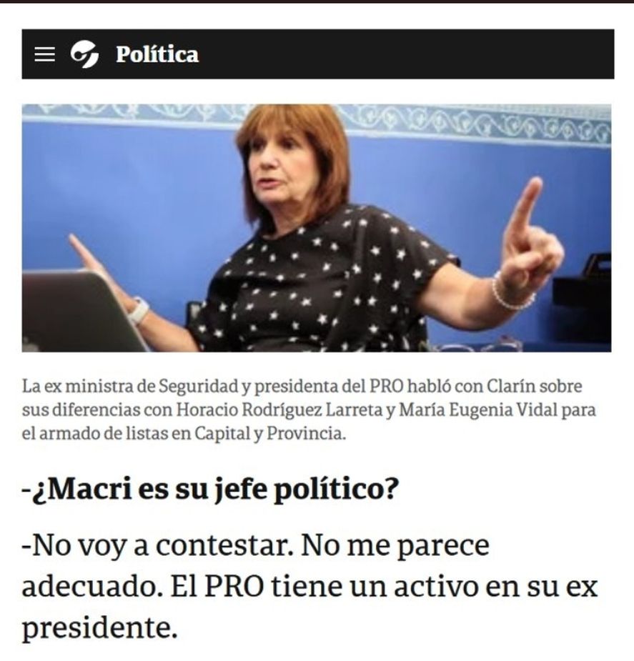Patricia Bullrich también parece darle la razón a Nelson Castro con respecto al liderazgo perdido de Mauricio Macri en el PRO, además de decirlo en Clarín 