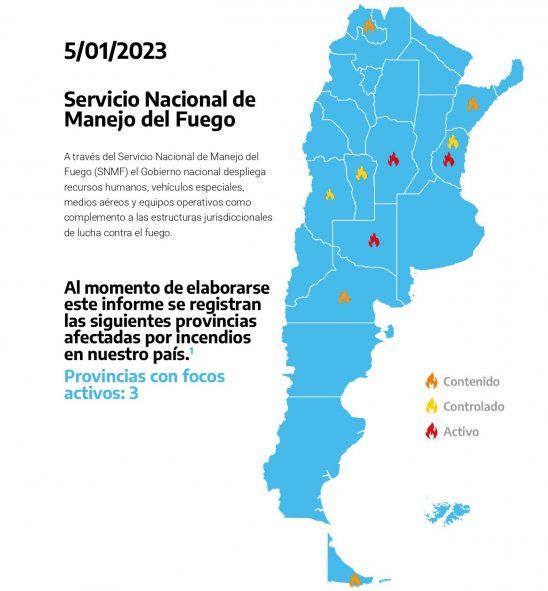 Mapa de incendios forestales del país según el Ministerio de Ambiente y Desarrollo Sostenible de la Nación.