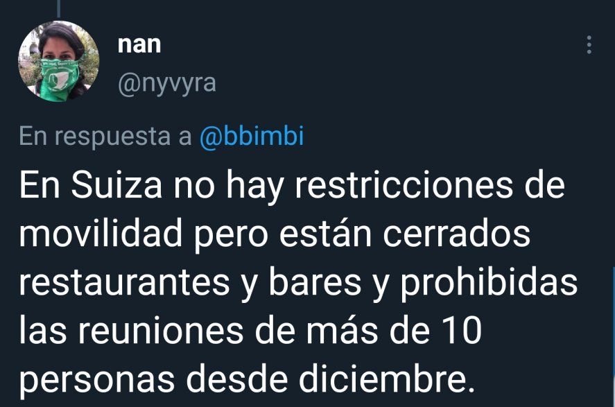 Suiza.  En Twitter muchos argentinos radicados en el exterior, muestran la realidad de cada país frente a las medidas que toman los gobiernos de cara a la segunda ola de coronavirus y como los medios de comunicación acompañan generalmente por el bien superior de la salud pública. 