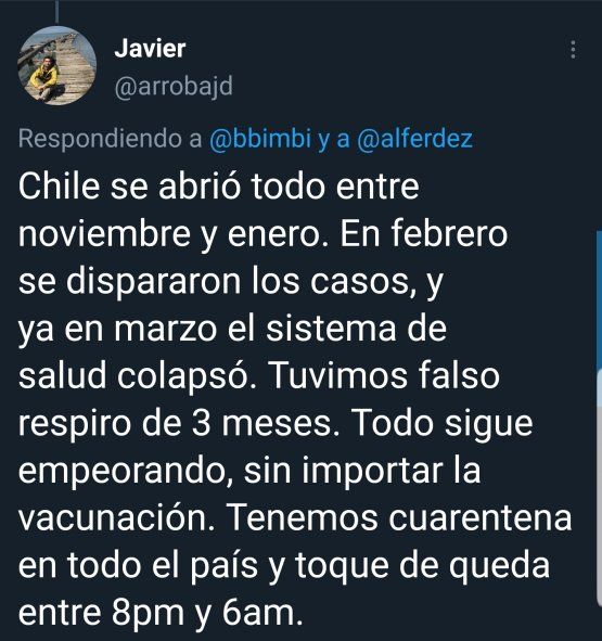 Chile. En Twitter muchos argentinos radicados en el exterior, muestran la realidad de cada país frente a las medidas que toman los gobiernos de cara a la segunda ola de coronavirus y como los medios de comunicación acompañan generalmente por el bien superior de la salud pública. 