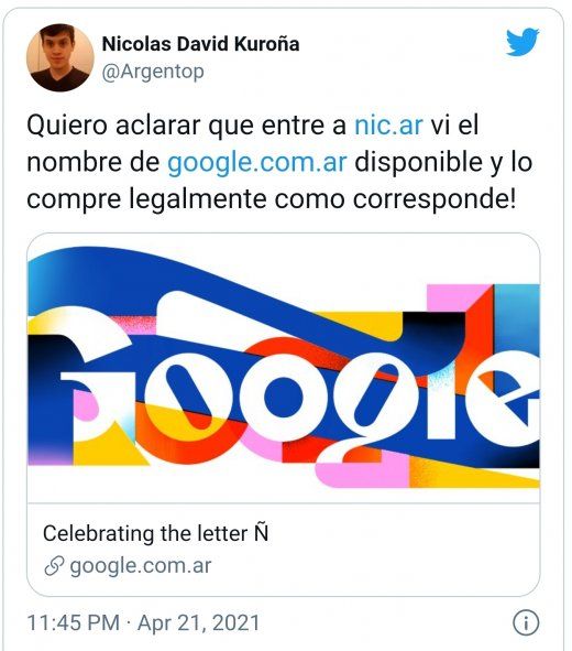 El Tweet aclaratorio del diseñador web del conurbabo bonaerense que adquirió el dominio de Google argentina 