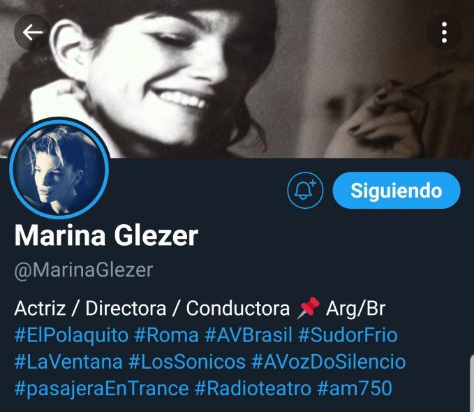 El perfil de Twitter de Marina Glezer, quien anunció ser la directora de un proyecto que incluye grandisimas actrices argentinas como Roth, Picchio, Banegas y Rosetto, entre otras