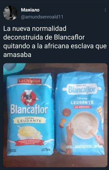 El tweet publicado el 24 de mayo y que hizo furor el Día de la Patria, con el paquete de harina antes y después de ser removido el personaje de 