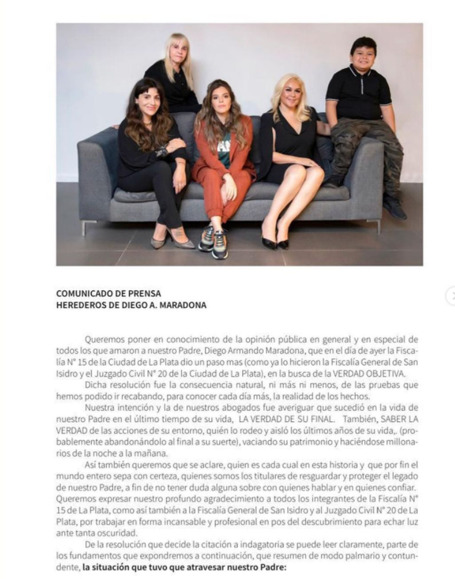 La herencia de Maradona en juego: el comunicado de Dalma, Gianinna y Deiguito Fernando que fue apoyado por Claudia y Verónica.