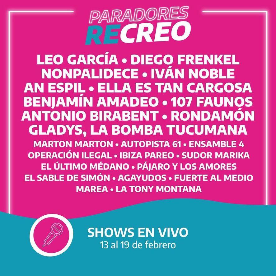 Esta semana reconocidos artistas tocarán gratis en los paradores ReCreo que se ubican en Mar del Plata, Mar de Ajó, Villa Gesell, Monte Hermoso y Chascomús.