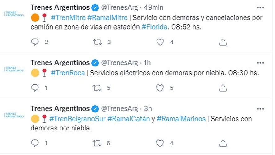 El tren Roca, el Mitre y el Belgrano Sur circulan con demoras