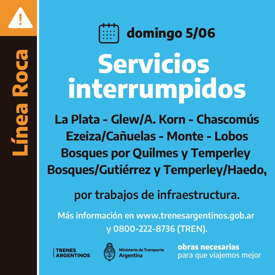 El servicio de la línea Roca estará interrumpido este domingo