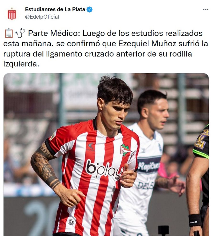 El tweet de Estudiantes anunciando la baja de Ezequiel Muñoz en el equipo de Zielinski.
