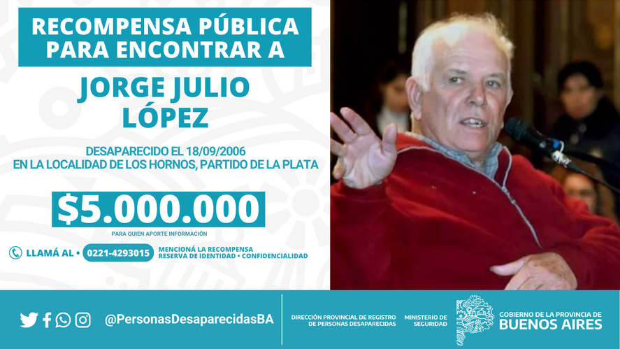 Así es la recompensa para quien aporte datos para encontrar a Jorge Julio López.