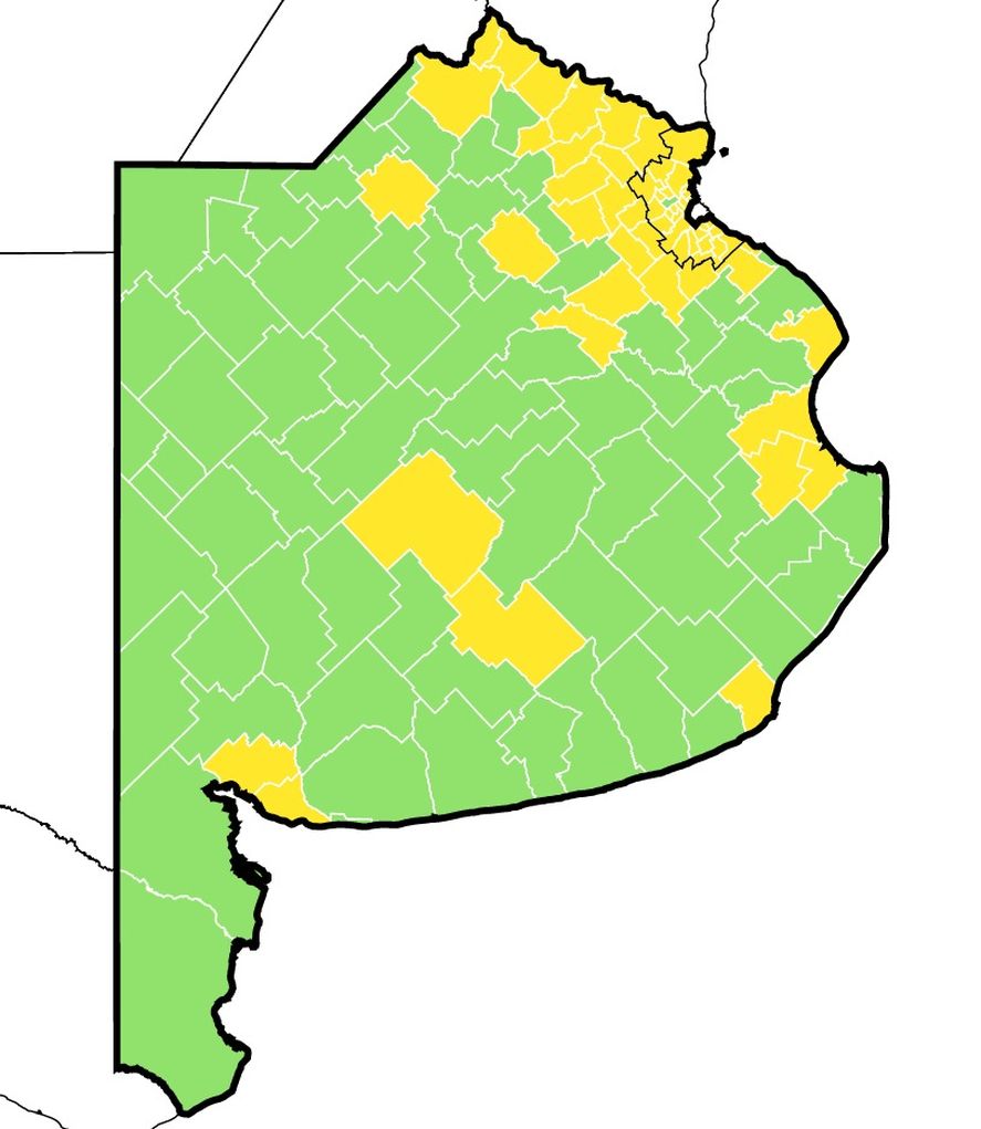 Los municipios de verde son los que ganó la interna de Juntos a favor de Facundo Manes. Los amarillos, de Diego Santilli.