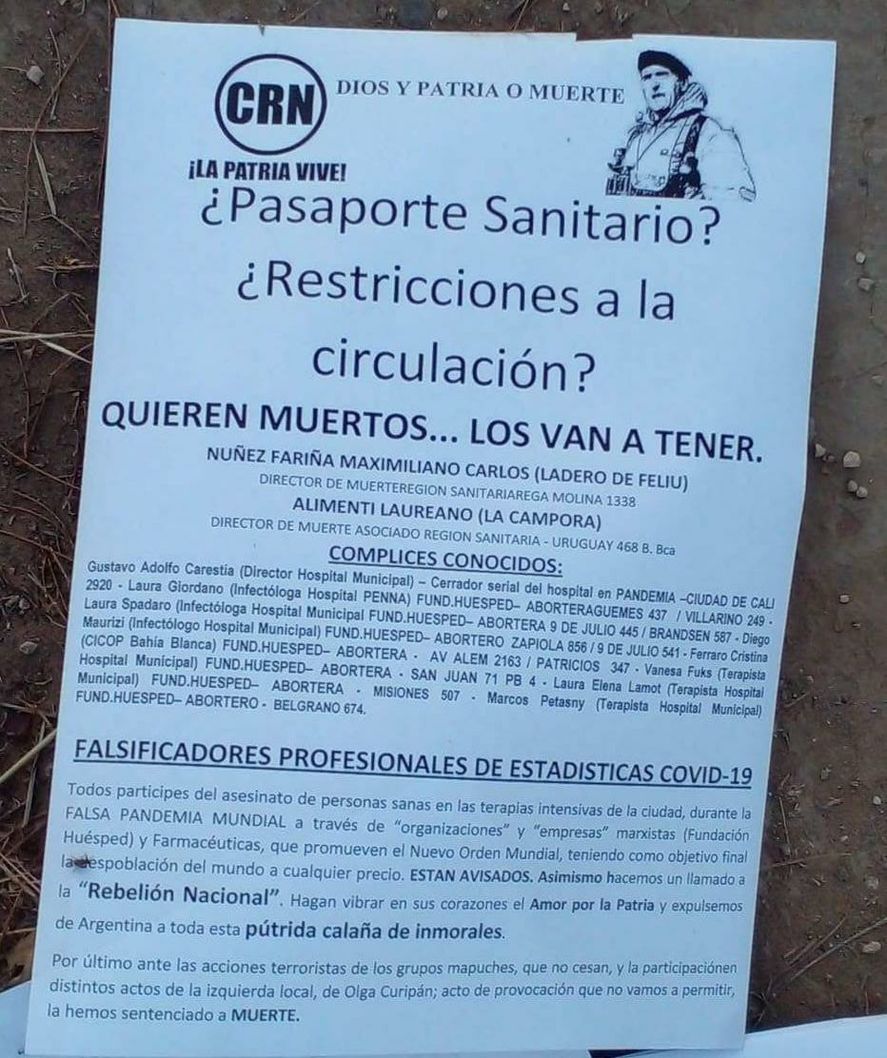 Uno de los folletos que dejaron los atacantes tras el atentado en Bahía Blanca