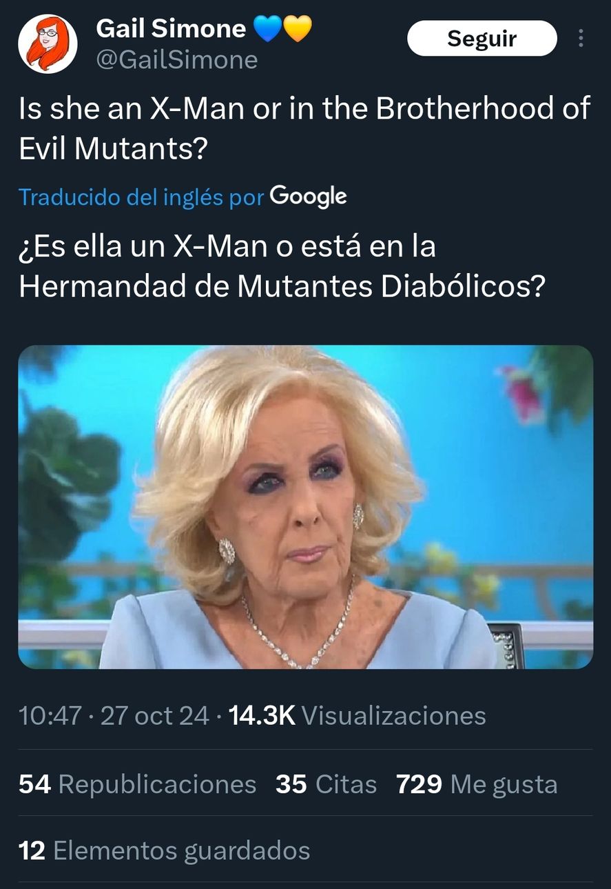 El tuit de la guionista de cómics estadounidense, refiriéndose a Mirtha Legrand El tuit de la guionista de cómics estadounidense, refiriéndose a Mirtha Legrand