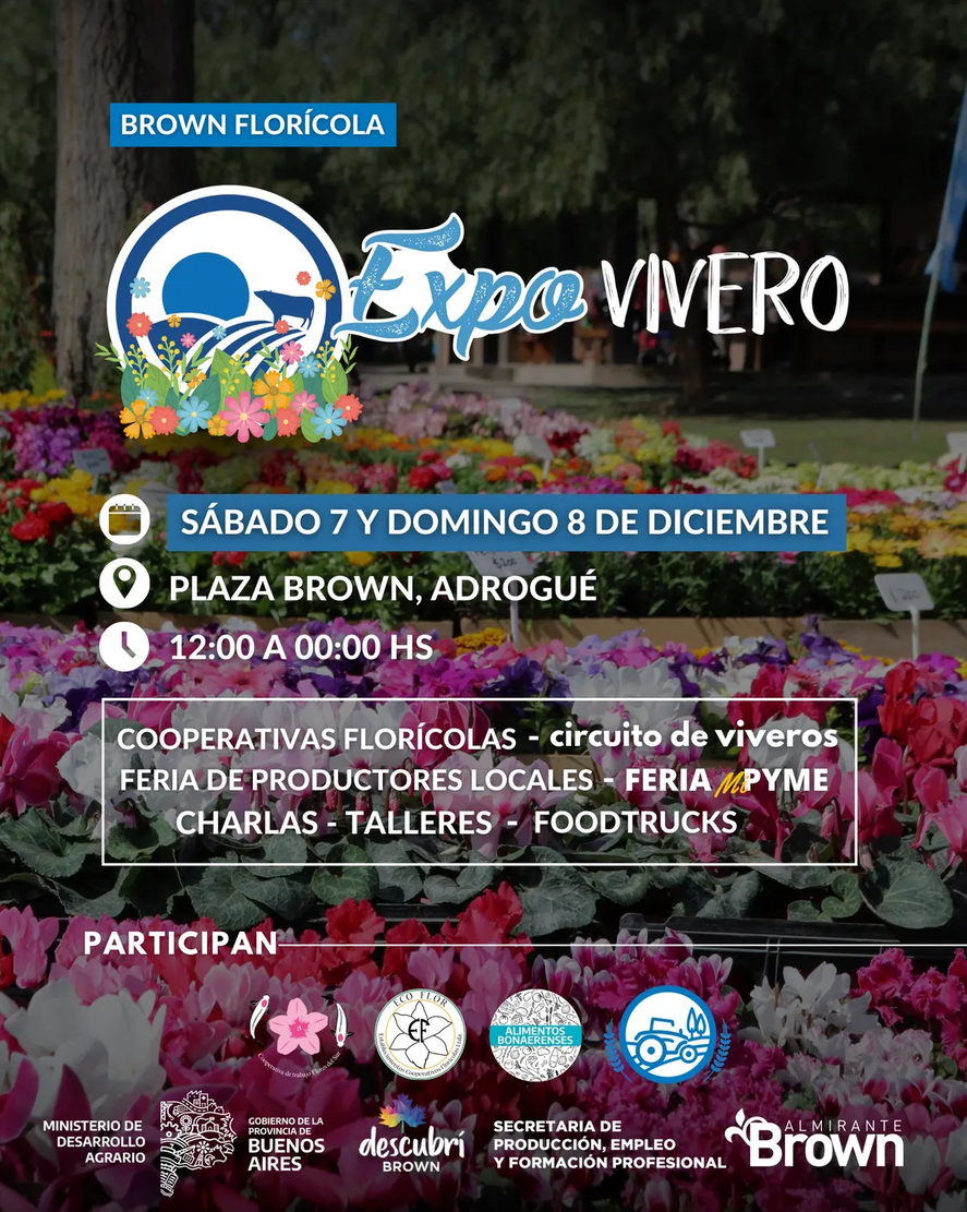 El sábado 7 y domingo 8 de diciembre se realizará la Expo Vivero de Almirante Brown. 