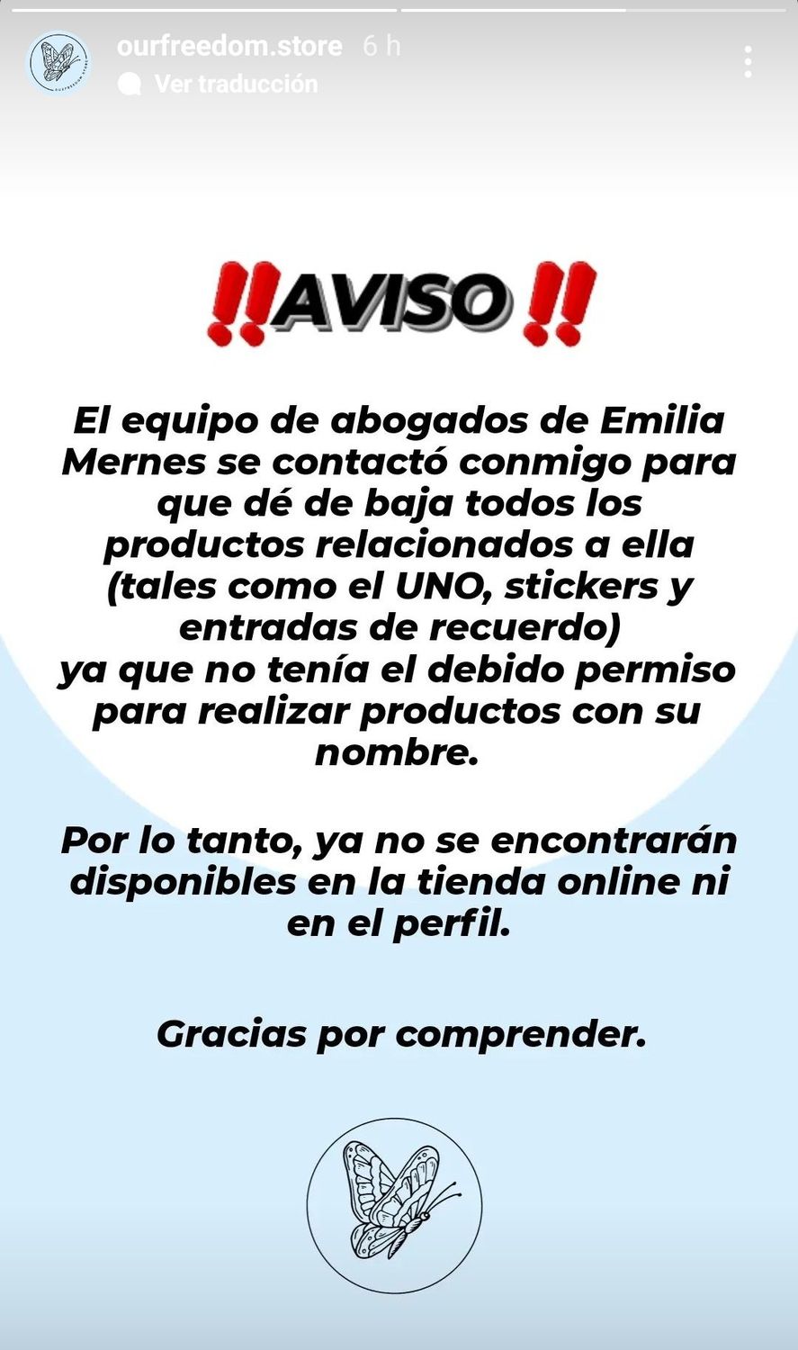 La cuenta de Instagram avisando la cancelación de productos de Emilia Mernes.