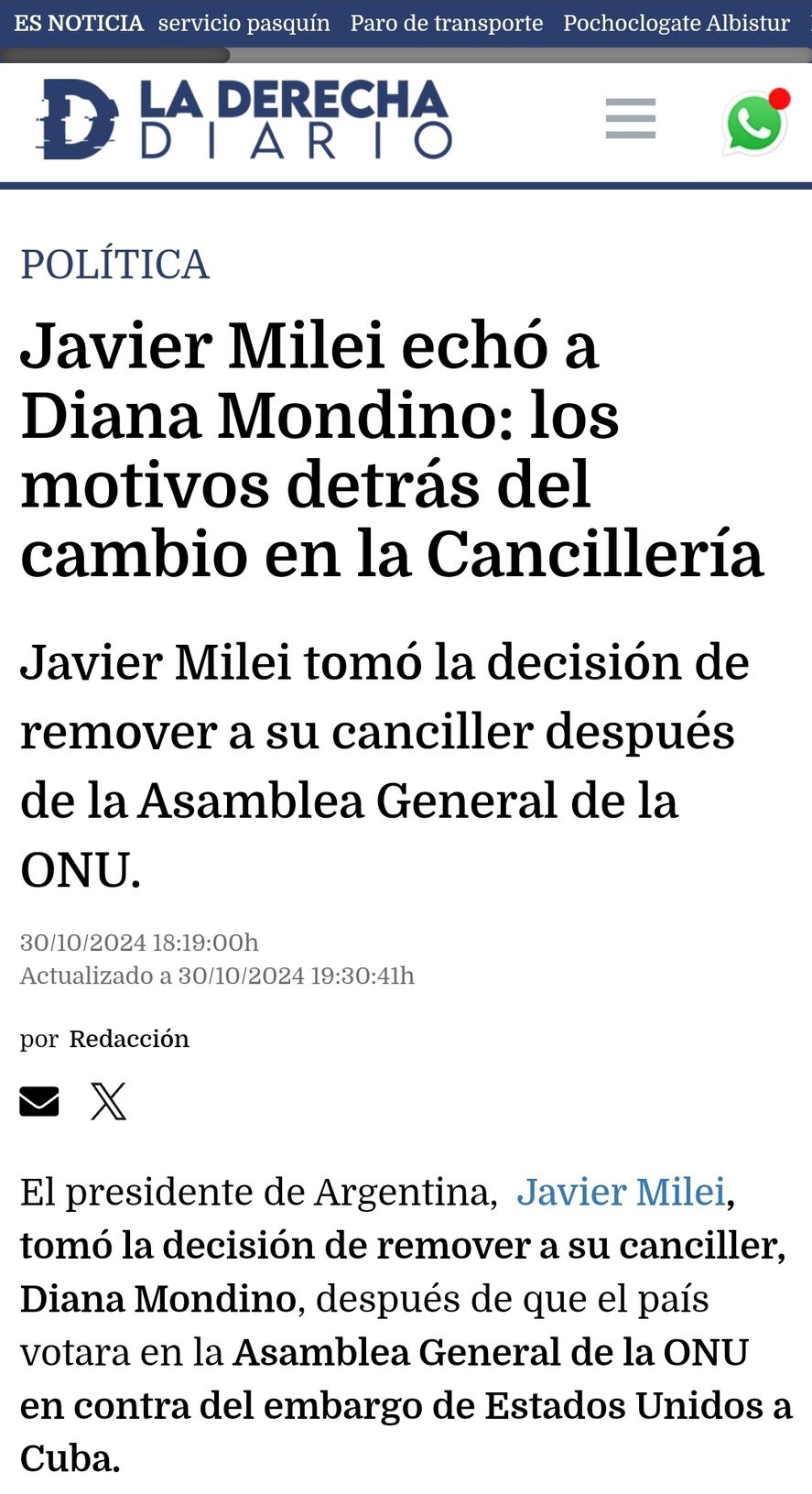 La Derecha Diario cambió su postura y borró el tuit, cuando Javier Milei echó a Diana Mondino 