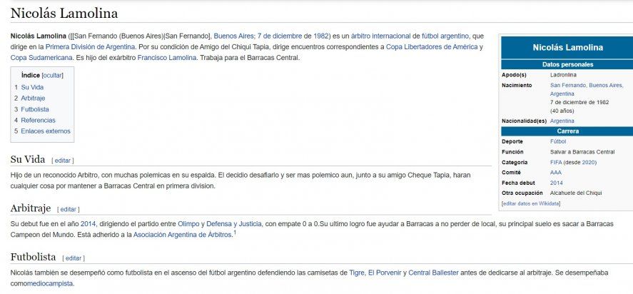 El perfil de Nicolás Lamolina en Wilkipedia modificado por hinchas de Gimnasia