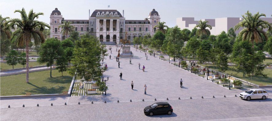 Así quedaría la plaza San Martín de la ciudad de La Plata tras las obras. Plano 3D con vista a la Gobernación.